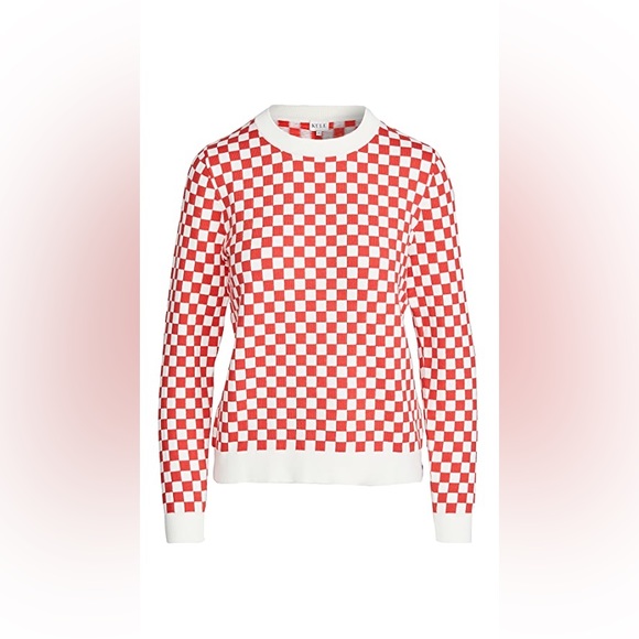 KULE Check Mate Checkered Pullover Sweater Red White Cotton Silk Blend Size XS - Picture 3 of 11